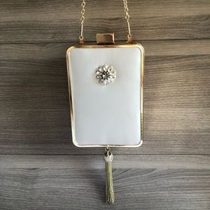 White Satin Gold Chain Evening Clutch